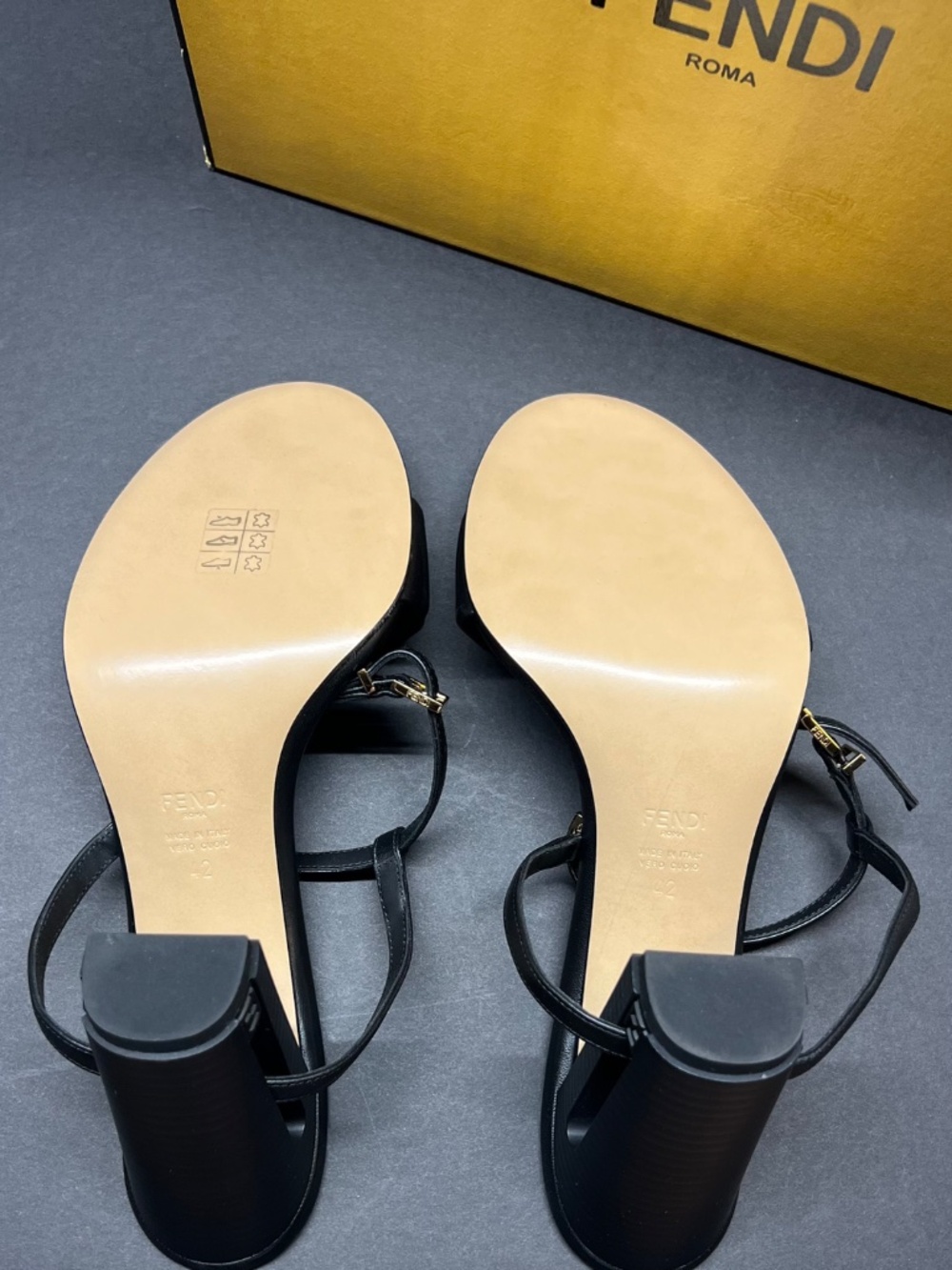 New Fendi Delfina Sandal Black Leather Ankle Strap High Heeled Logo Shoe sz 12 / - Picture 5 of 10